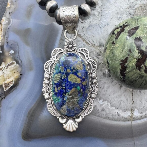 Sterling Silver Southwestern Style Elongated Oval Chrysocolla Decorated Pendant - Picture 1 of 10